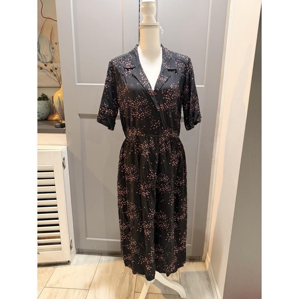 Ines De La Fressange Uniqlo Black Flamingo Print Short Sleeve Midi Dress M